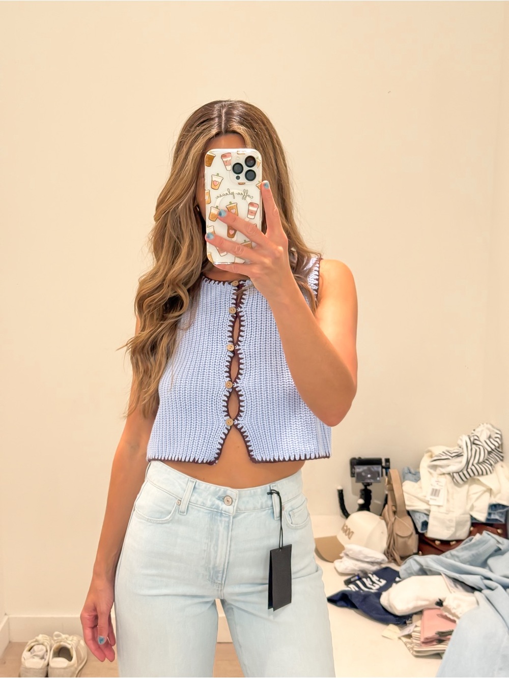Isla x Tate Light Blue Cropped Knit Tank with Brown Trim
